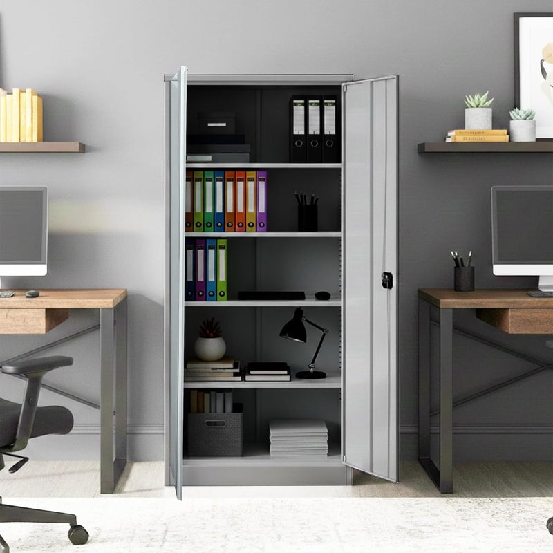 RIGID Heavy Duty Steel Office Cupboard with 4 Shelves - Grey - Image 3